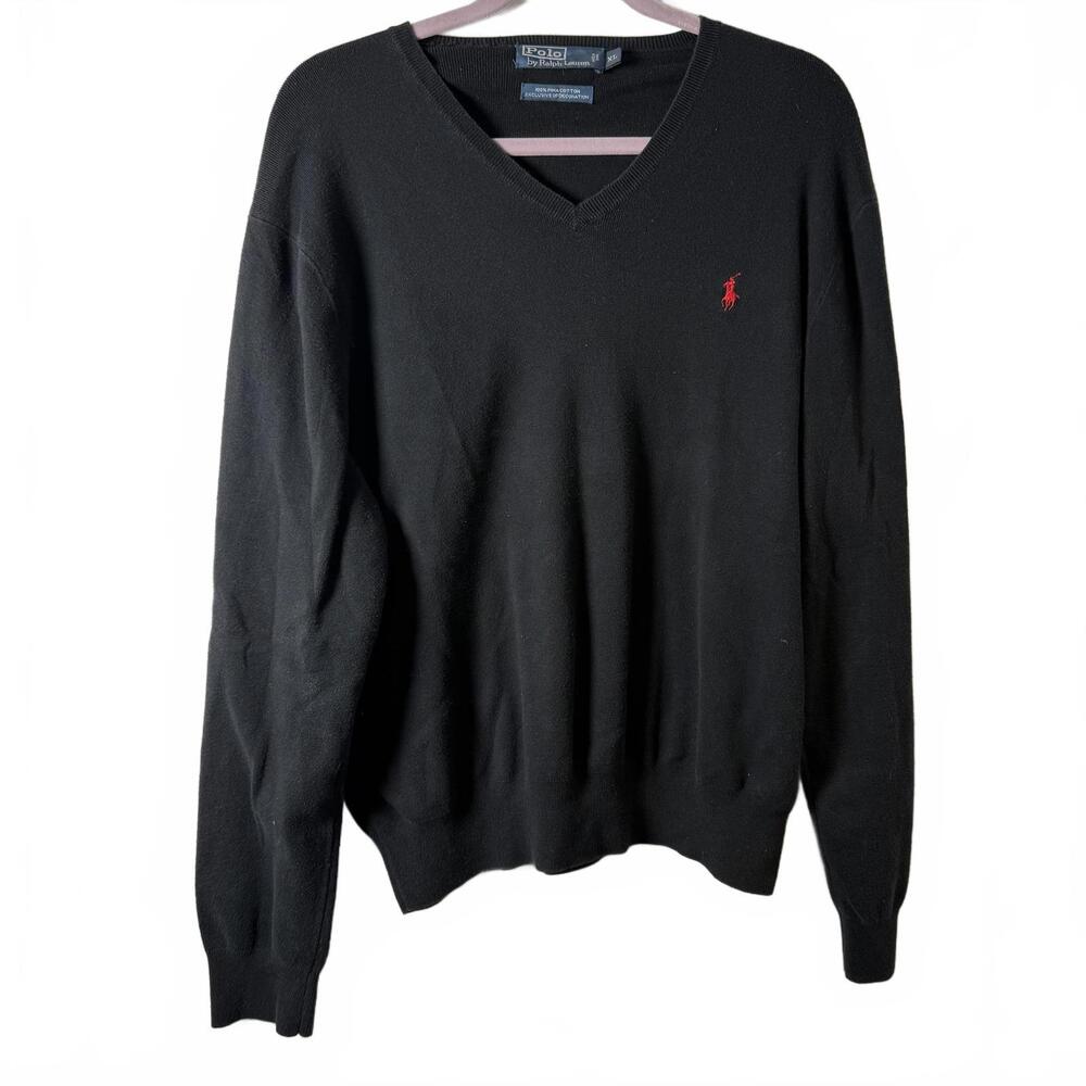 Vintage RALPH LAUREN Black Pima Cotton Sweater with Red Logo Mens SZ XL Preppy